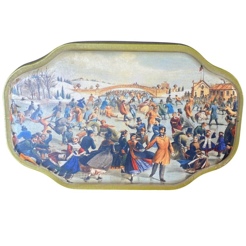 Vintage 1998 Currier & Ives Oval Tin Ice Skating Pond Scene Decorative Nostalgic